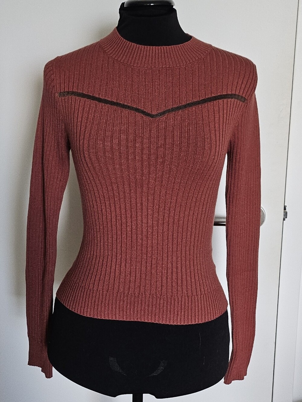 Lipservice Terracotta Brick Red Orange Knit Ribbed Sweater With Mesh Cutout